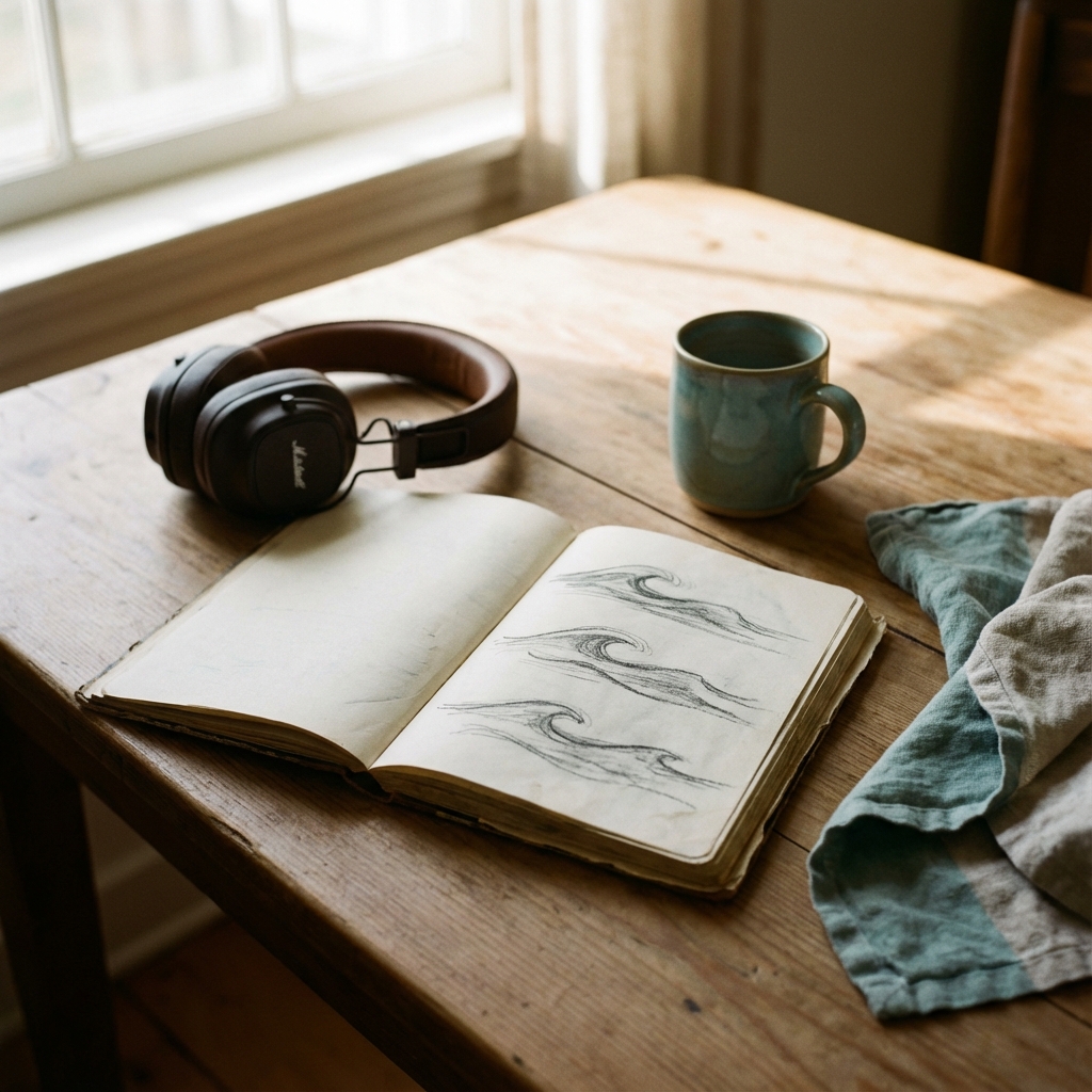 Notebook with gentle wave sketches beside headphones