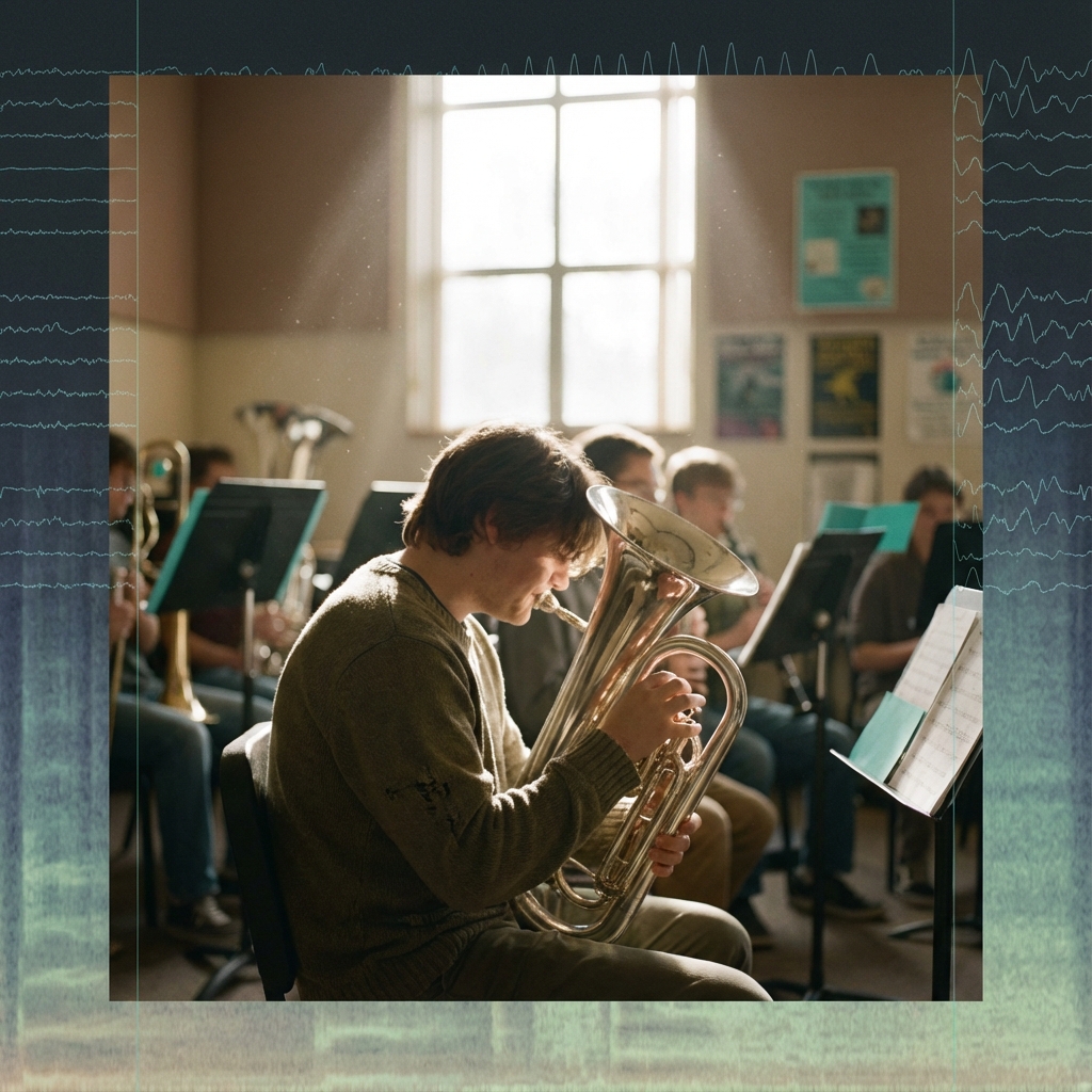 High school band rehearsal with euphonium player in warm natural light