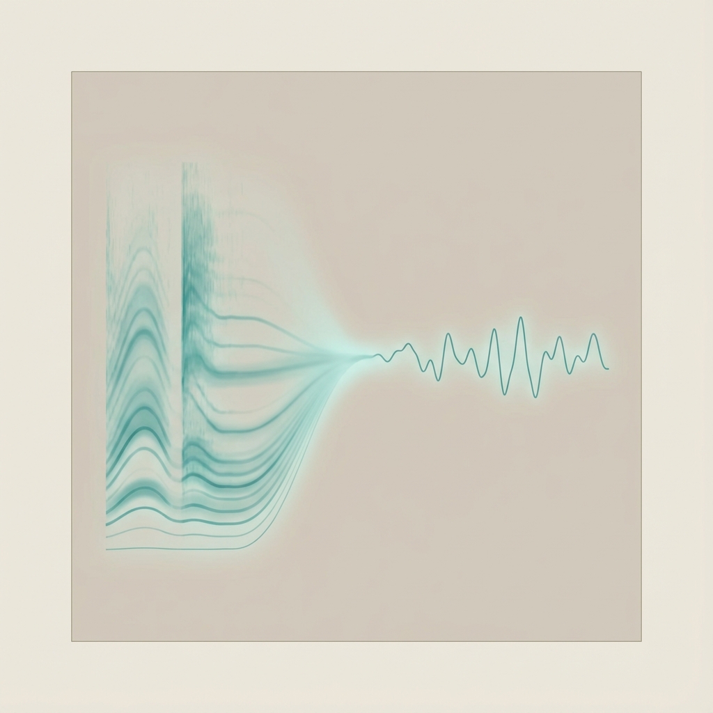 Scientific illustration showing audio spectrogram transforming into EEG brainwave
