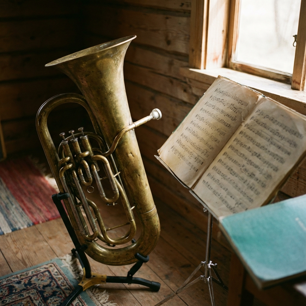 Euphonium resting beside sheet music with warm natural light