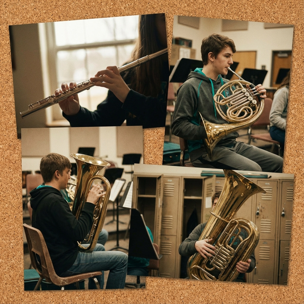 Collage of flute, french horn, euphonium, and tuba in rehearsal environment